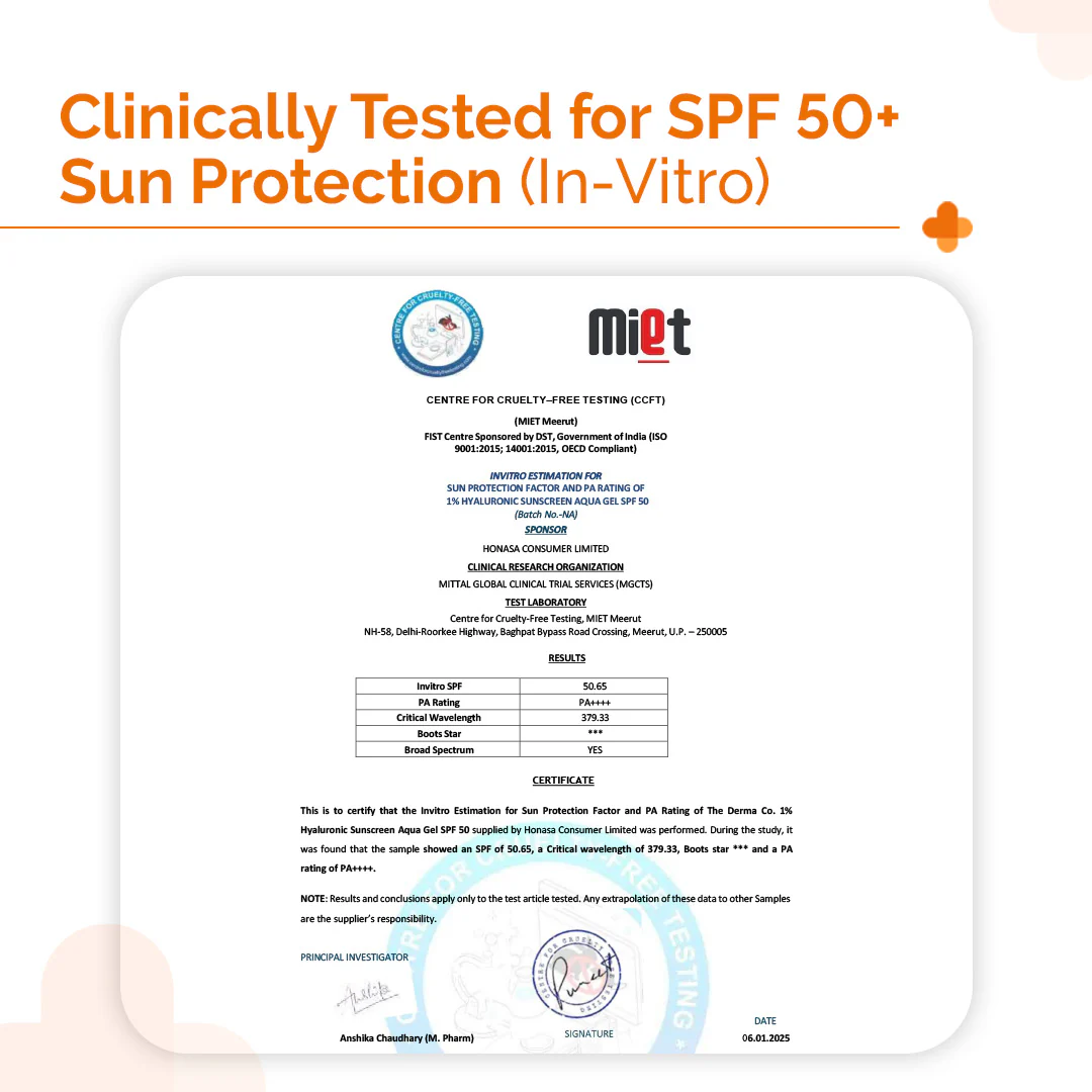 1% Hyaluronic Sunscreen Aqua Gel In Vivo Tested (ISO 24444:2019 Certified, CTRI/2025/02/080287) with SPF 50 & PA++++ - 50g - Image 4